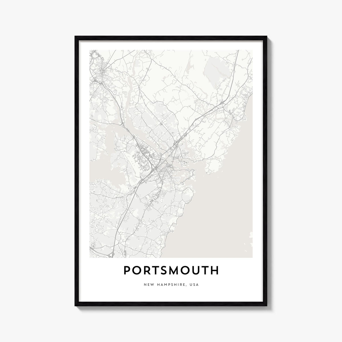 Portsmouth, New Hampshire black & white map poster of New Hampshire, USA – vertical wall art, unframed print shown in interio