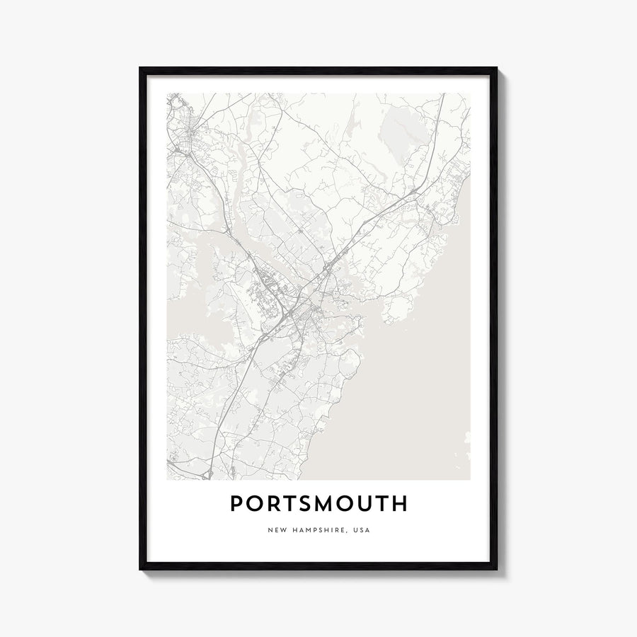 Portsmouth, New Hampshire black & white map poster of New Hampshire, USA – vertical wall art, unframed print shown in interio