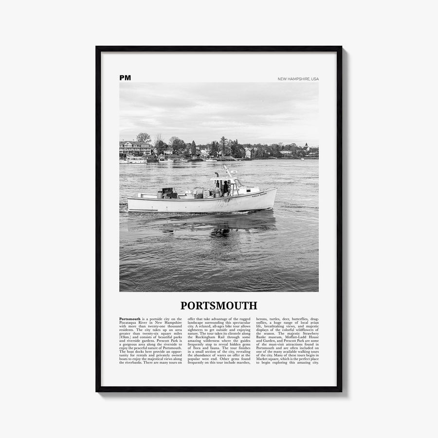 Portsmouth, New Hampshire black & white newspaper poster of New Hampshire, USA – vertical wall art, unframed print shown in i