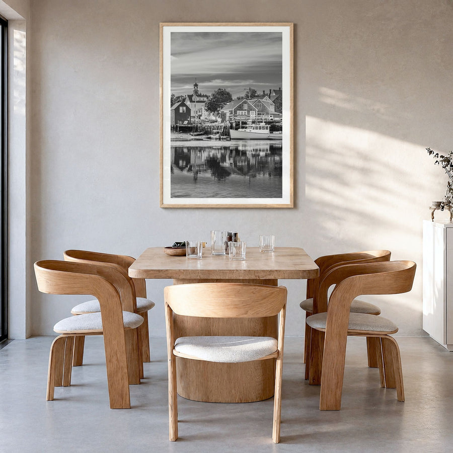 Portsmouth, New Hampshire Photo Poster in a natural wood frame, hanging in a dining room, white border
