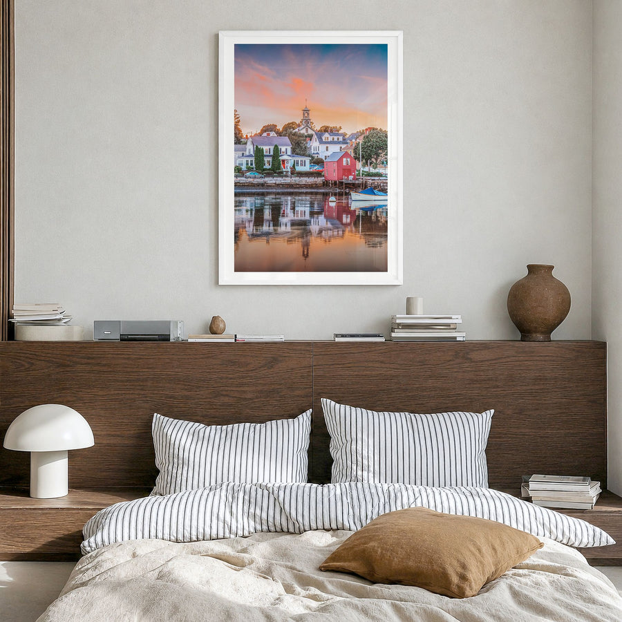 Portsmouth, New Hampshire Photo Poster in a white wood frame, hanging in a bedroom, white border