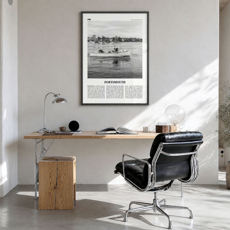 Portsmouth, New Hampshire Newspaper Poster in a black wood frame, hanging in a bright home office