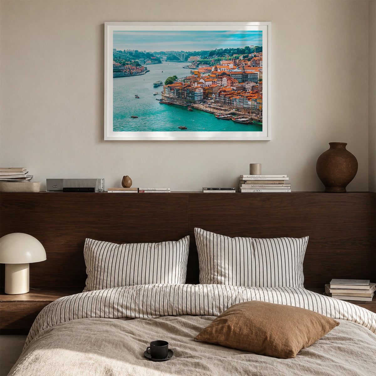 Portugal colorful photo poster of Europe – horizontal wall art in white wood frame with white border, hanging on wall
