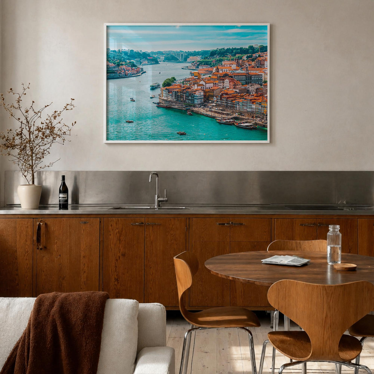 Portugal colorful photo poster of Europe – horizontal wall art in white wood frame, hanging on wall