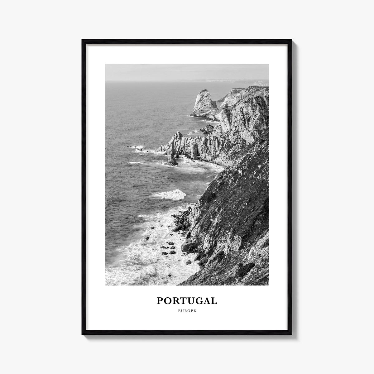 Portugal no. 1 black & white classic poster of Europe – vertical wall art, unframed print shown in interior mockup