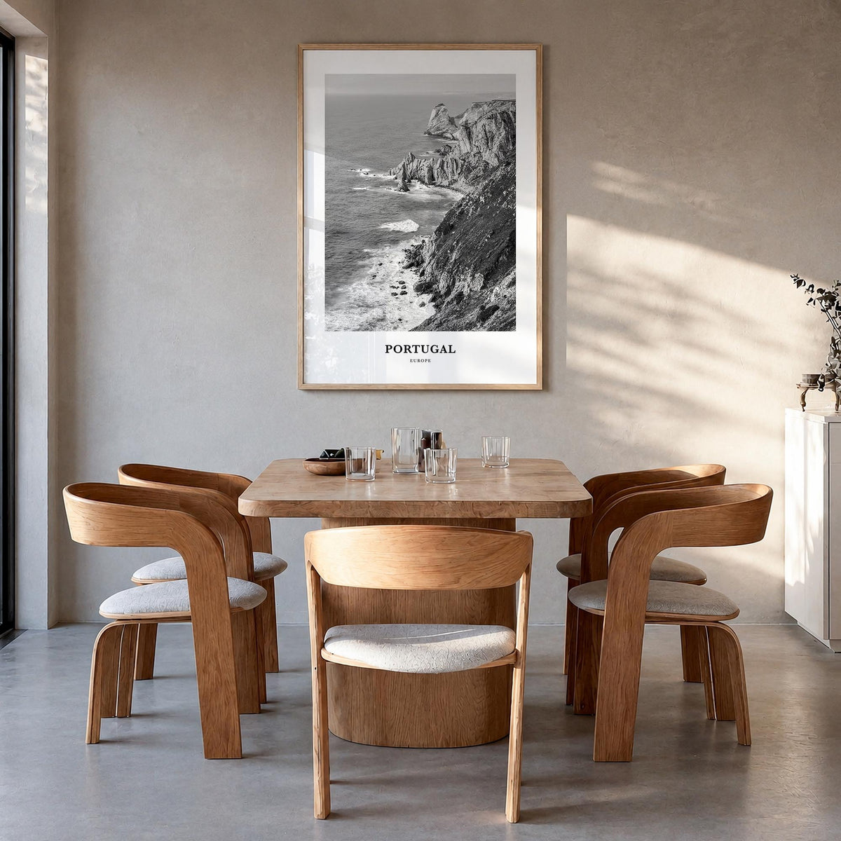 Portugal no. 1 black & white classic poster of Europe – vertical wall art in natural wood frame, hanging on wall