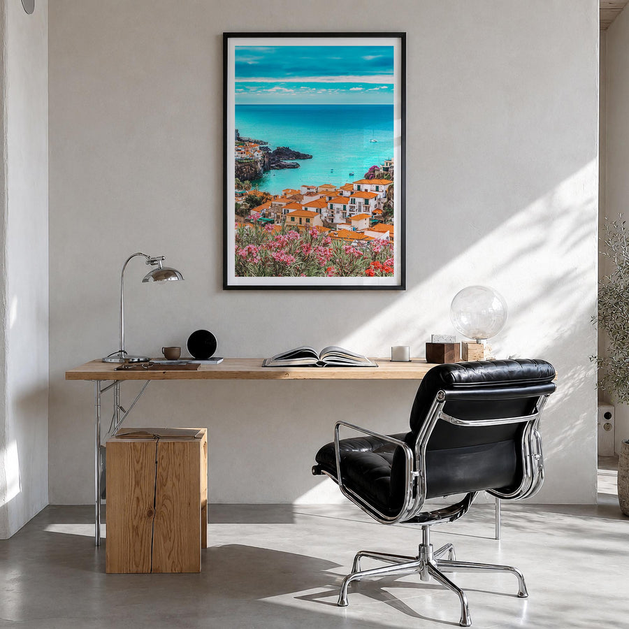 Portugal no. 1 colorful photo poster of Europe – vertical wall art in black wood frame with white border, hanging on wall