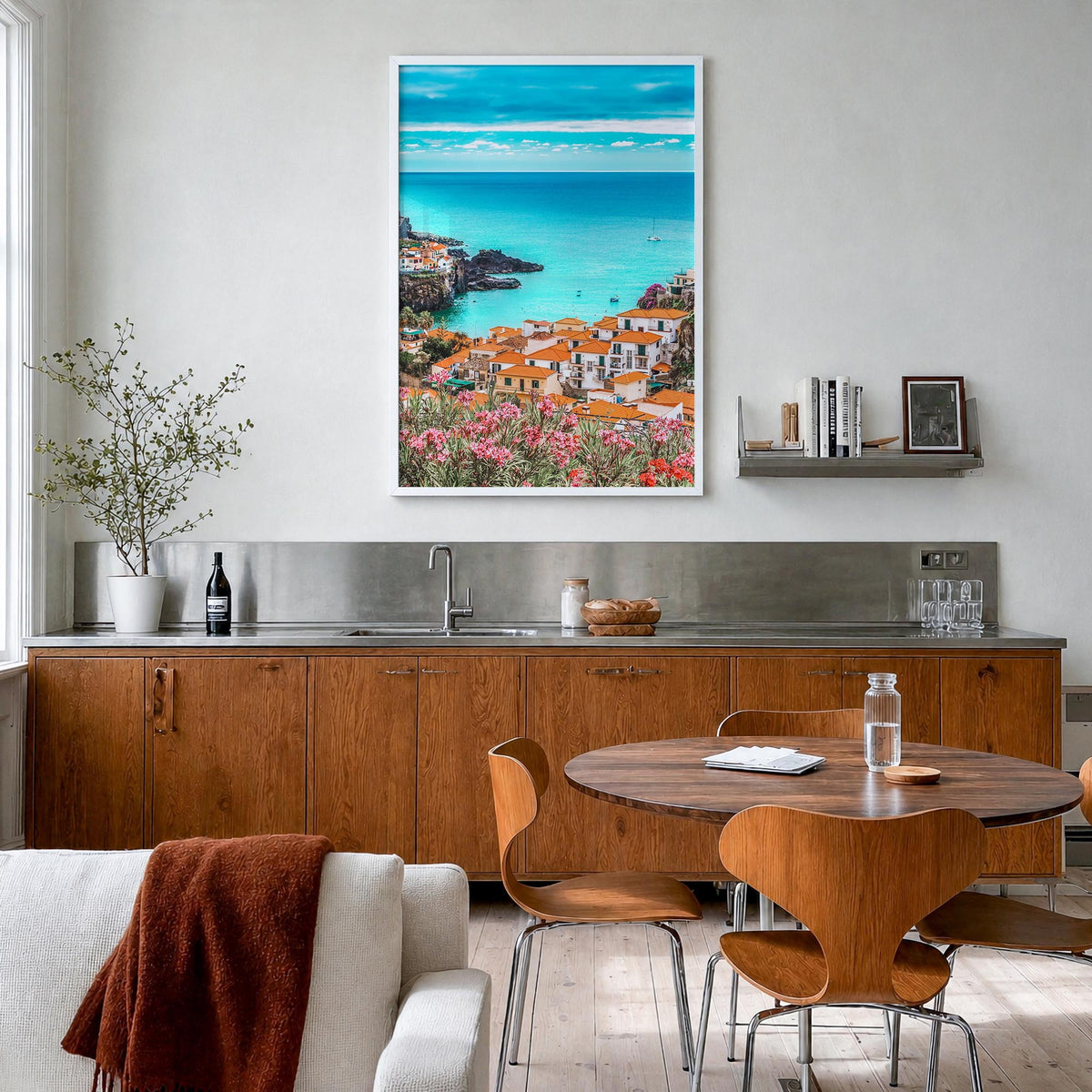 Portugal no. 1 colorful photo poster of Europe – vertical wall art in white wood frame, hanging on wall