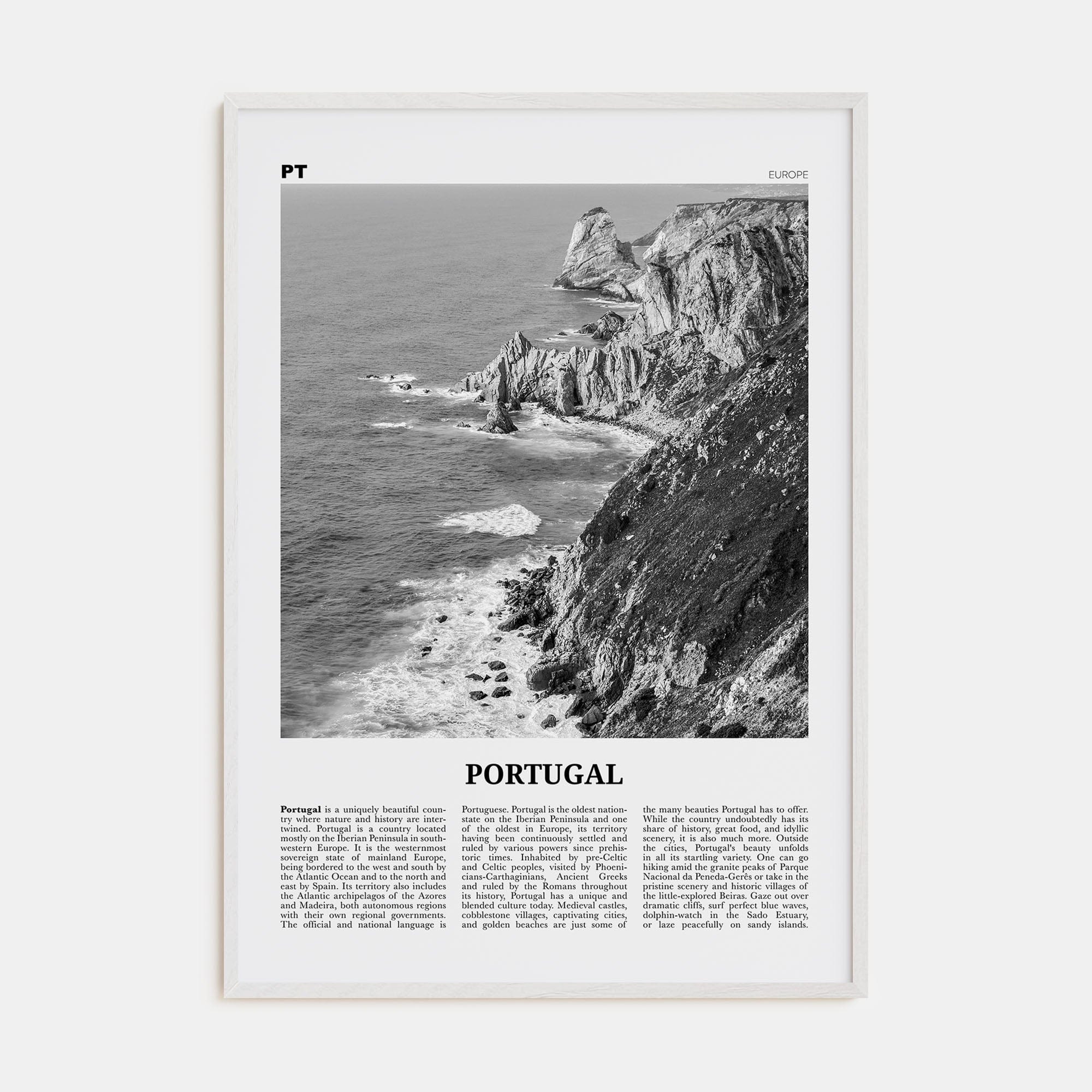 Portugal No 1 Poster White Wood / 8x12 in Nbourhood Travel B&W Poster