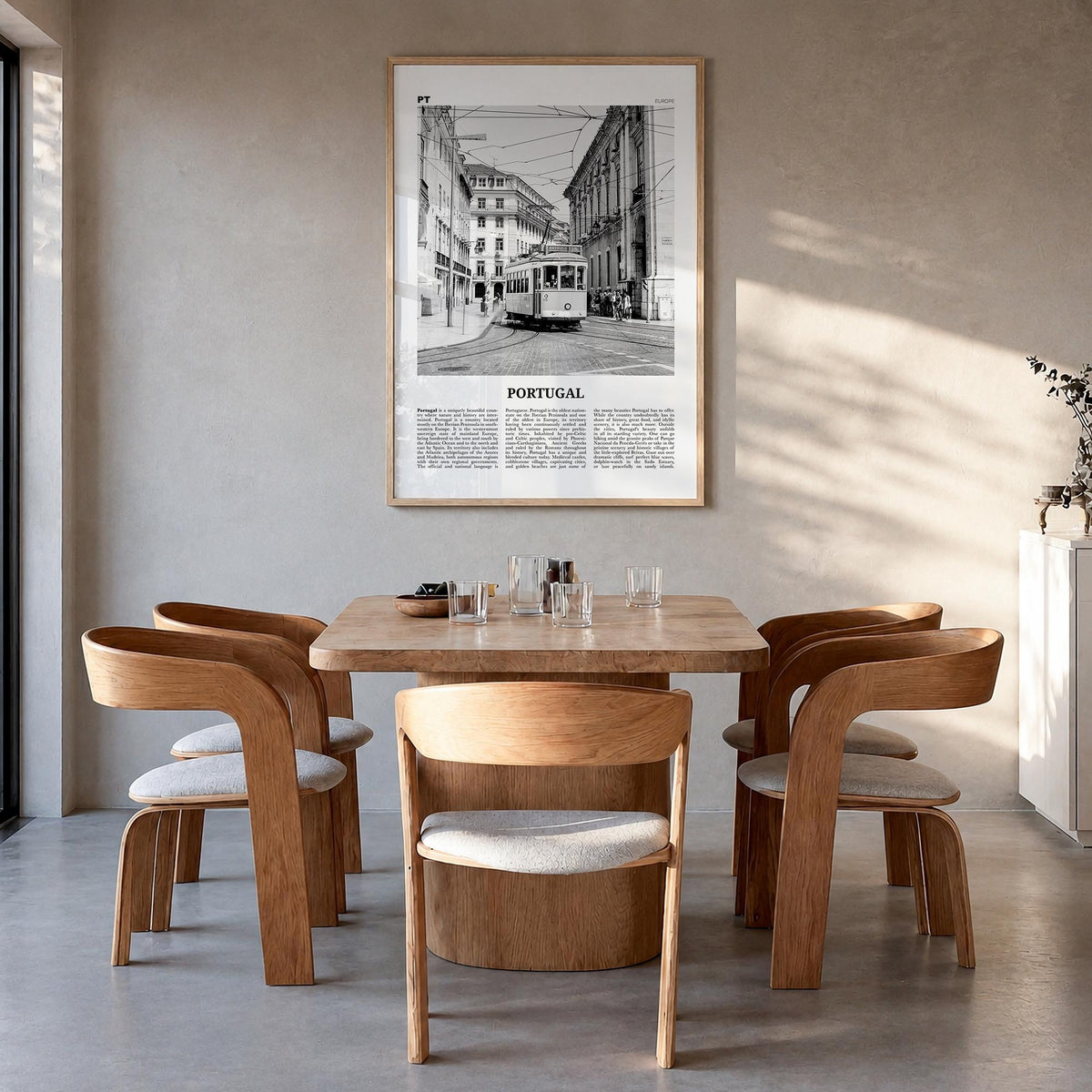 Portugal no. 2 black & white newspaper poster of Europe – vertical wall art in natural wood frame, hanging on wall