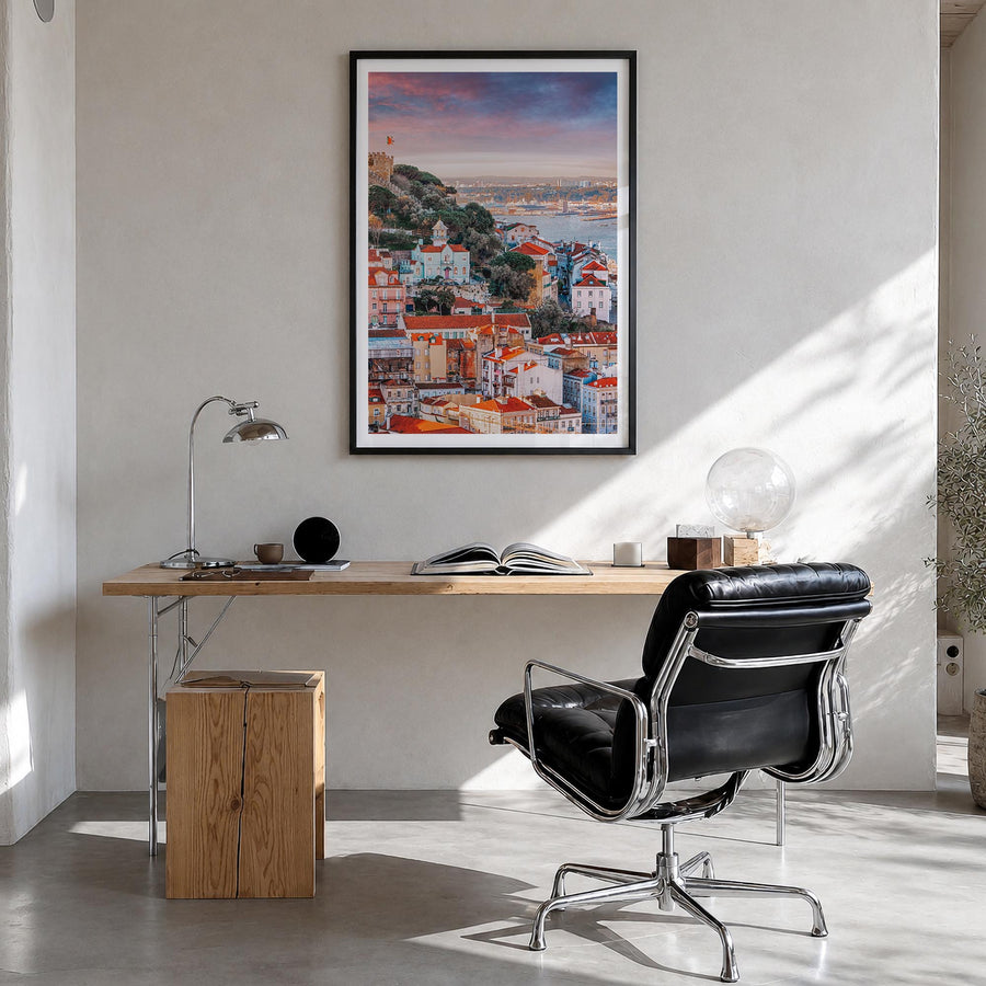 Portugal no. 2 colorful photo poster of Europe – vertical wall art in black wood frame with white border, hanging on wall