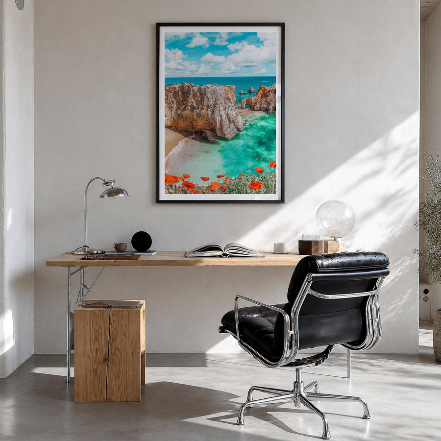Portugal no. 3 colorful photo poster of Europe – vertical wall art in black wood frame with white border, hanging on wall