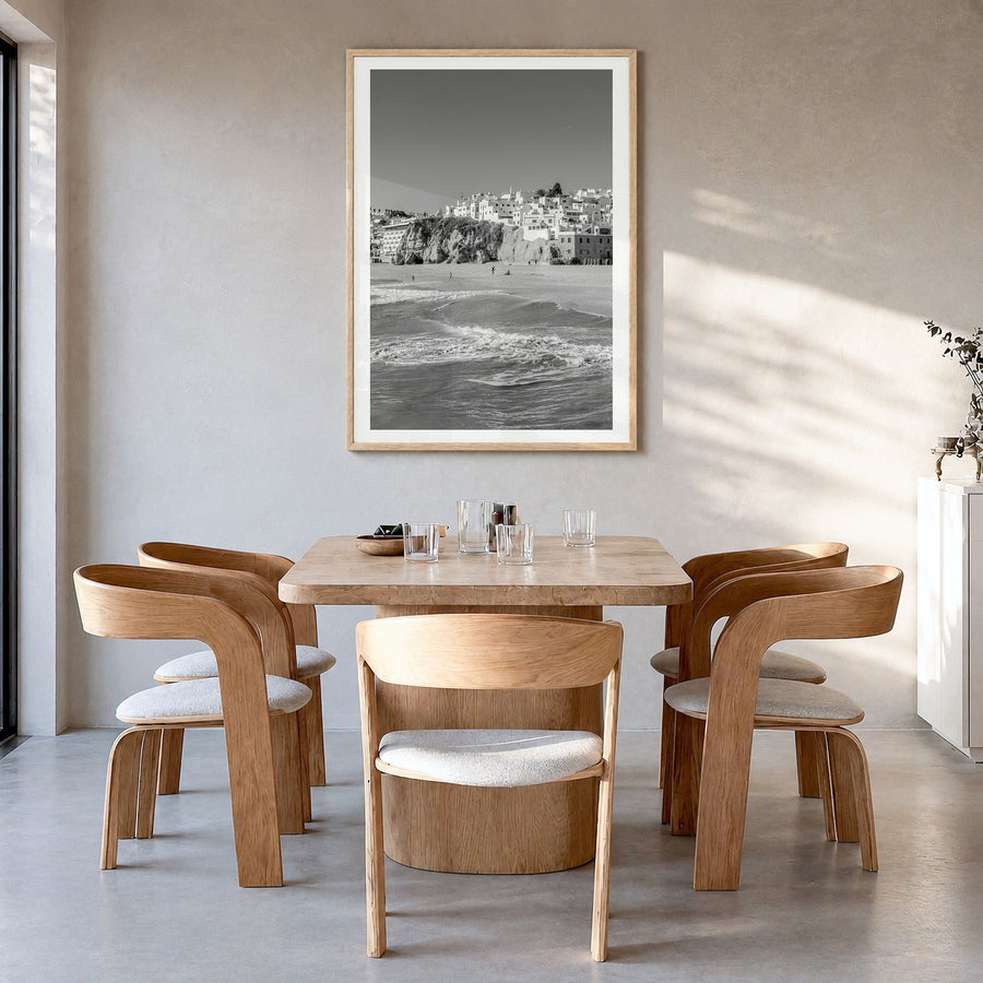 Portugal Photo Poster in a natural wood frame, hanging in a dining room, white border