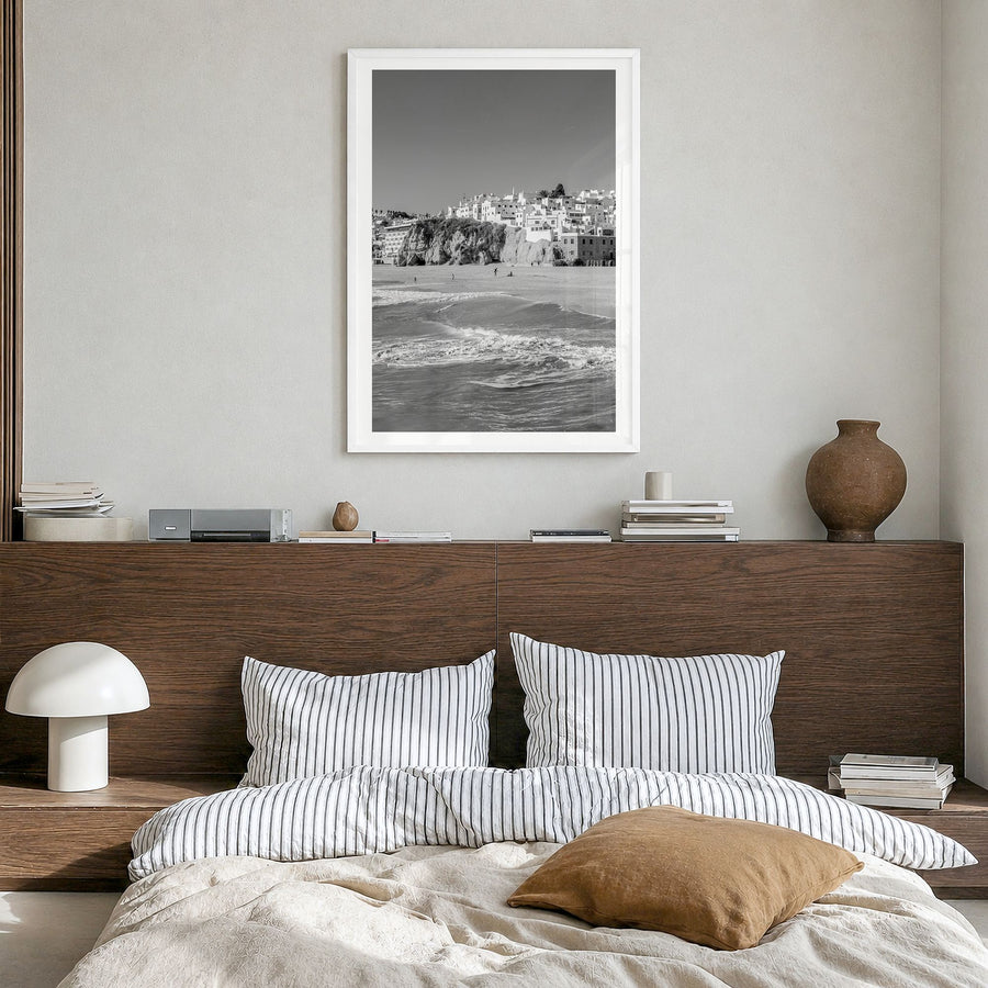 Portugal Photo Poster in a white wood frame, hanging in a bedroom, white border