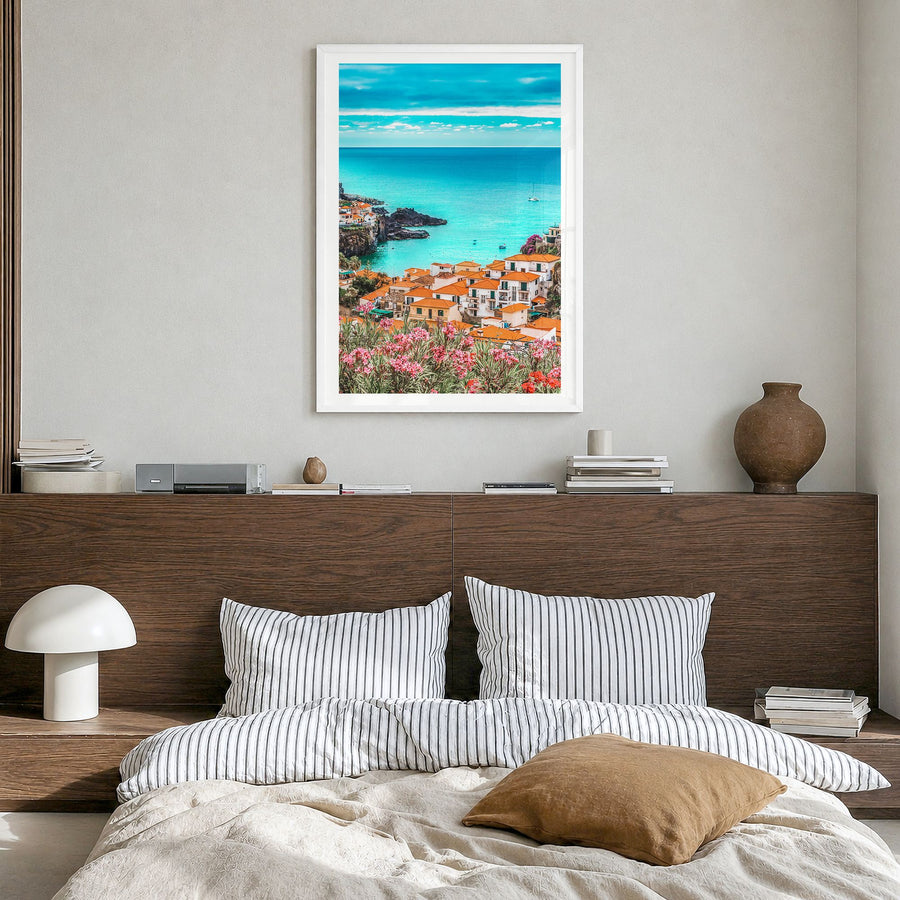 Portugal Photo No 1 Poster in a white wood frame, hanging in a bedroom, white border