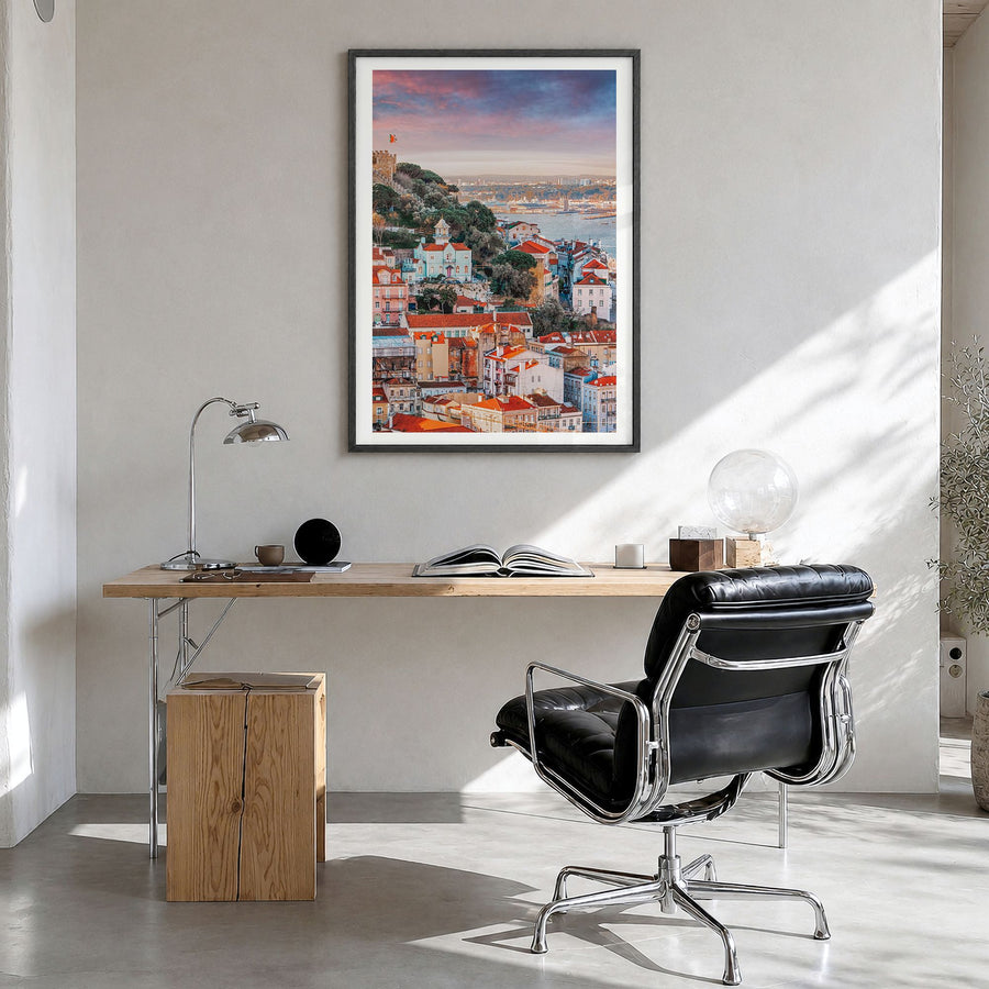 Portugal Photo No 2 Poster in a black wood frame, hanging in a bright home office, white border