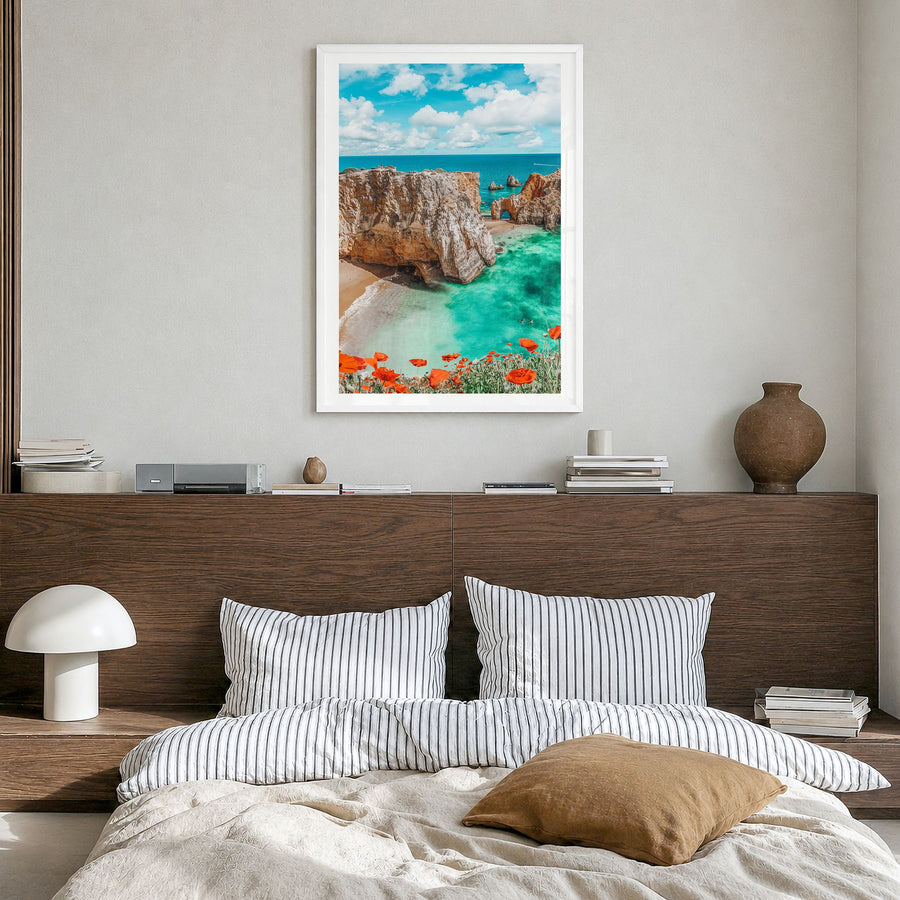 Portugal Photo No 3 Poster in a white wood frame, hanging in a bedroom, white border