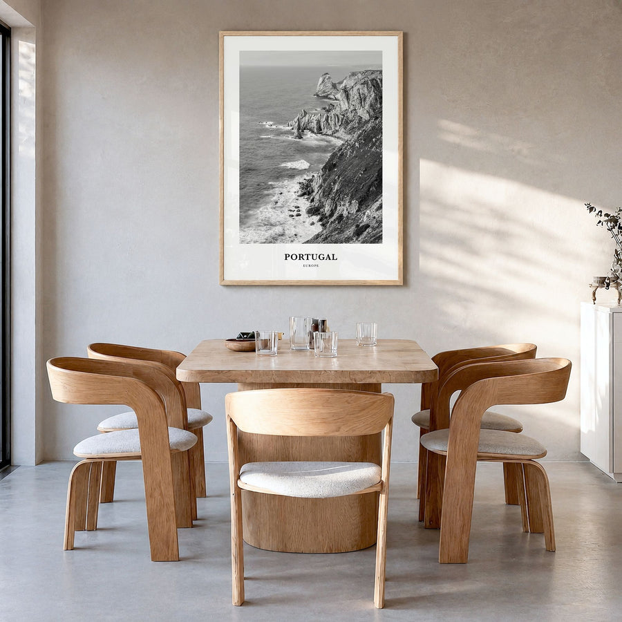 Portugal Classic No 1 Poster in a natural wood frame, hanging in a dining room