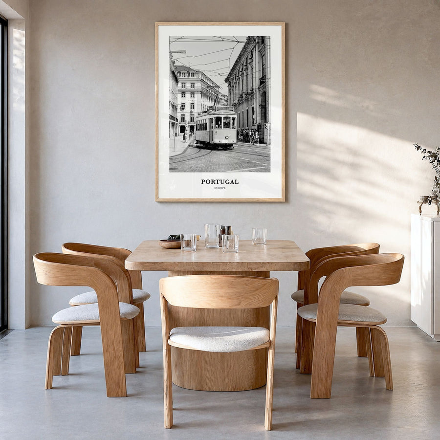 Portugal Classic No 2 Poster in a natural wood frame, hanging in a dining room
