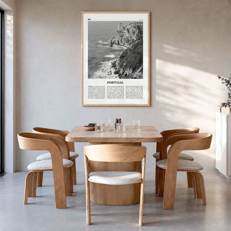 Portugal Newspaper No 1 Poster in a natural wood frame, hanging in a dining room