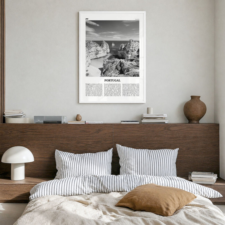 Portugal Newspaper No 3 Poster in a white wood frame, hanging in a bedroom