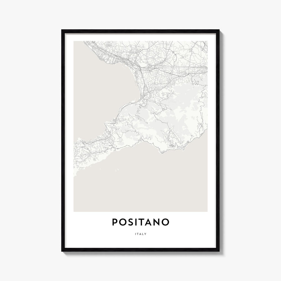 Positano black & white map poster of Italy – vertical wall art, unframed print shown in interior mockup