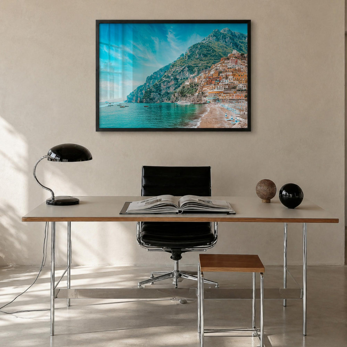 Positano colorful photo poster of Italy – horizontal wall art in black wood frame, hanging on wall