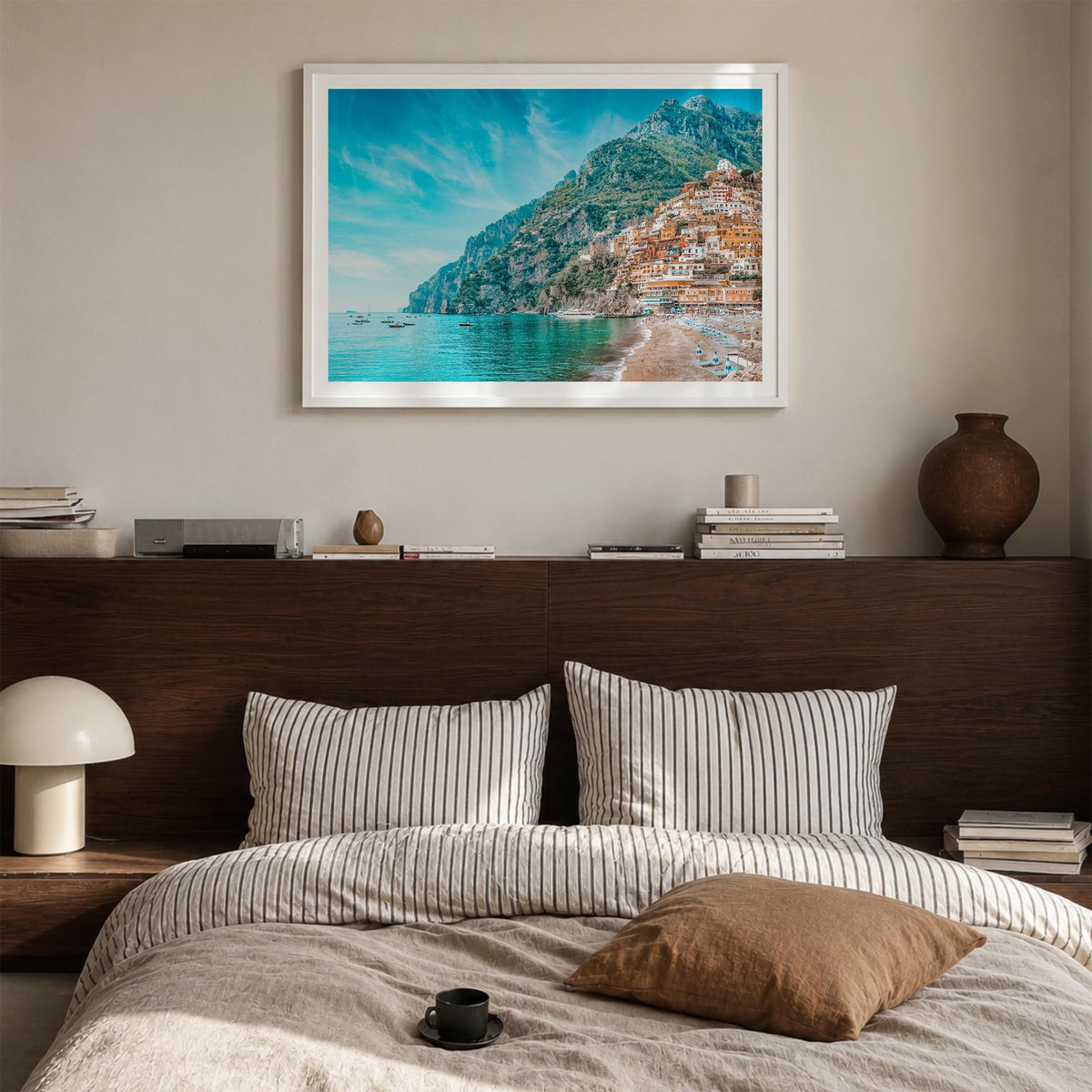 Positano colorful photo poster of Italy – horizontal wall art in white wood frame with white border, hanging on wall