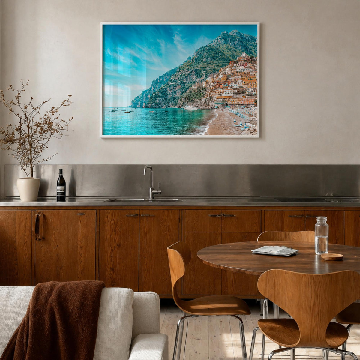 Positano colorful photo poster of Italy – horizontal wall art in white wood frame, hanging on wall