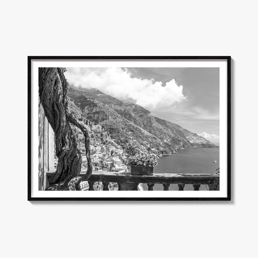 Positano no. 1 black & white photo poster of Italy – horizontal wall art, unframed print shown in interior mockup