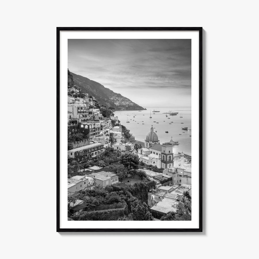 Positano no. 1 black & white photo poster of Italy – vertical wall art, unframed print shown in interior mockup