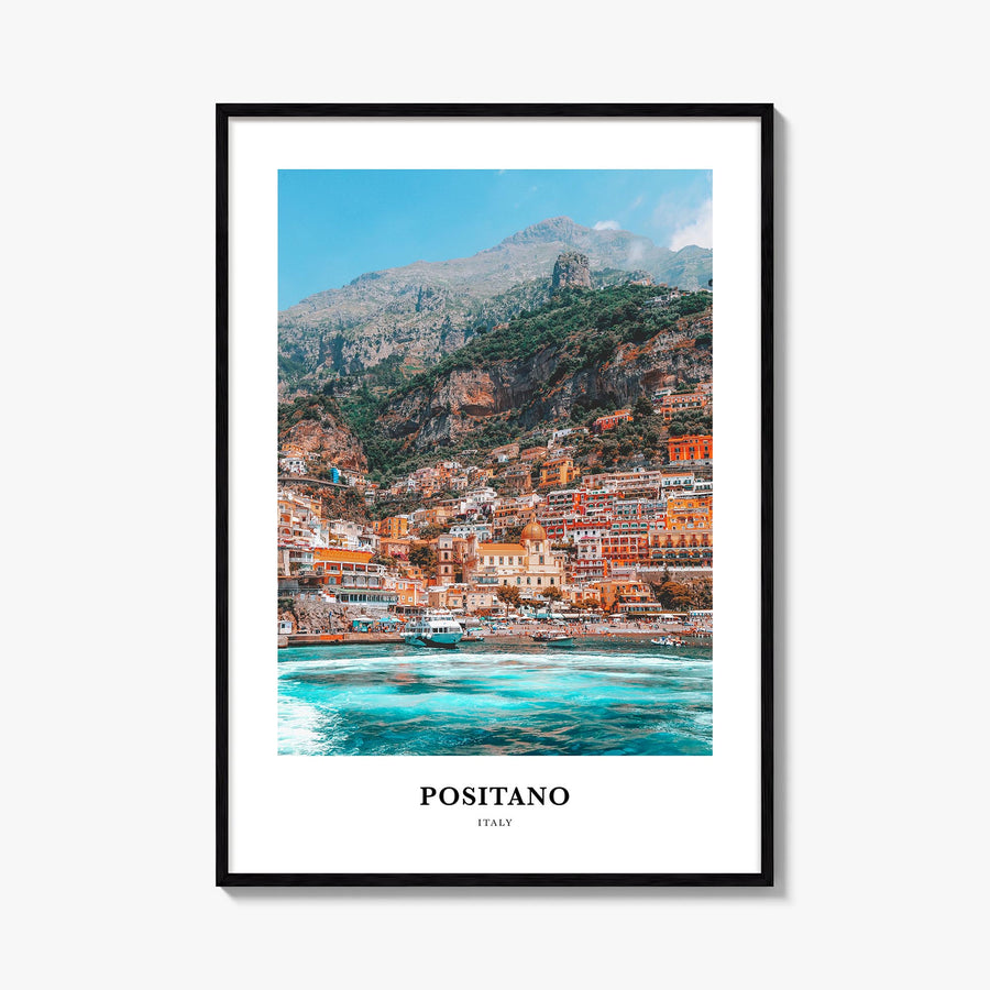 Positano no. 1 colorful classic poster of Italy – vertical wall art, unframed print shown in interior mockup