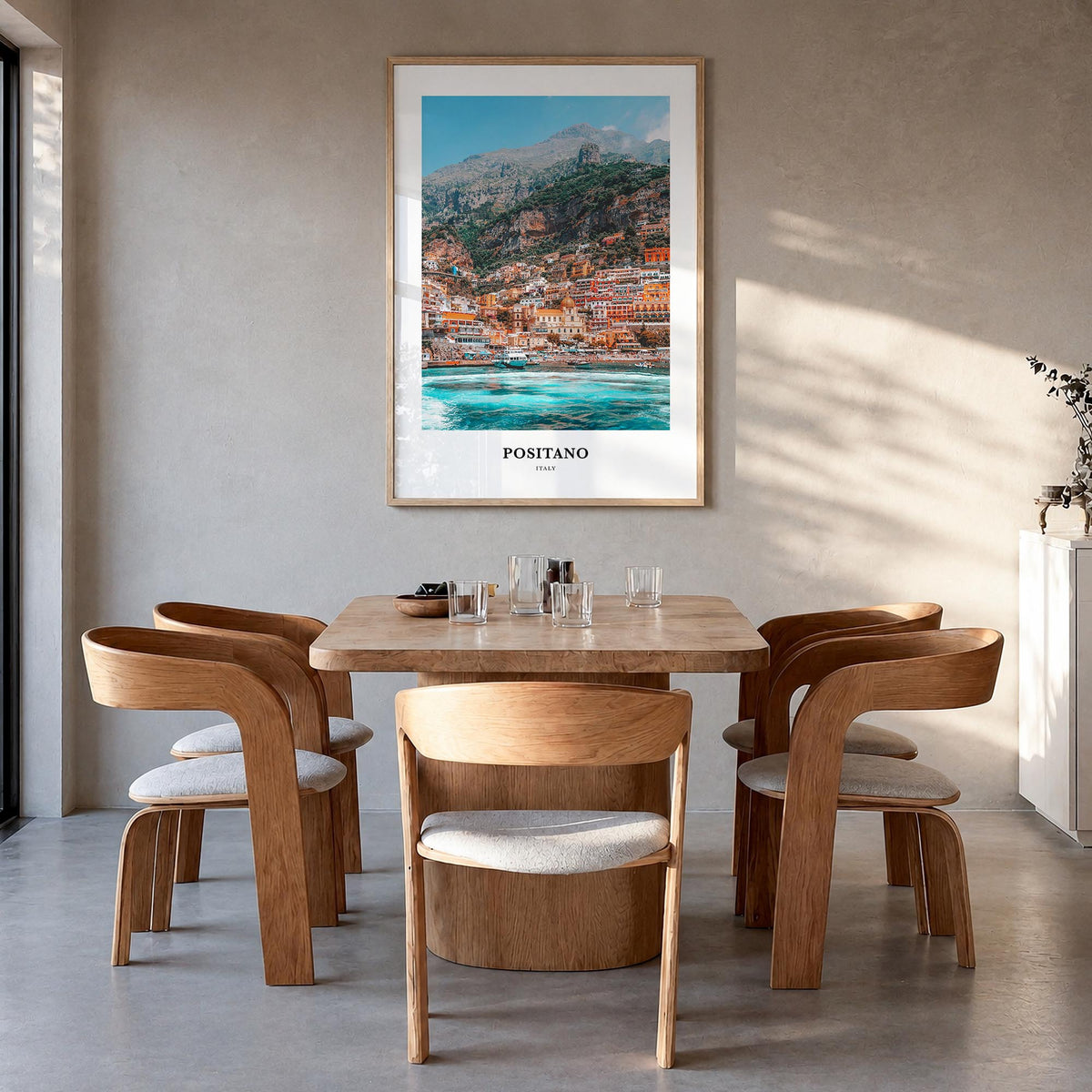 Positano no. 1 colorful classic poster of Italy – vertical wall art in natural wood frame, hanging on wall