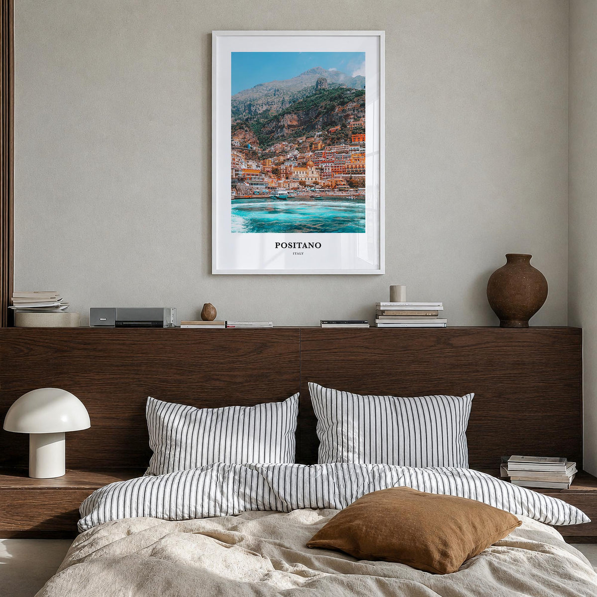 Positano no. 1 colorful classic poster of Italy – vertical wall art in white wood frame, hanging on wall