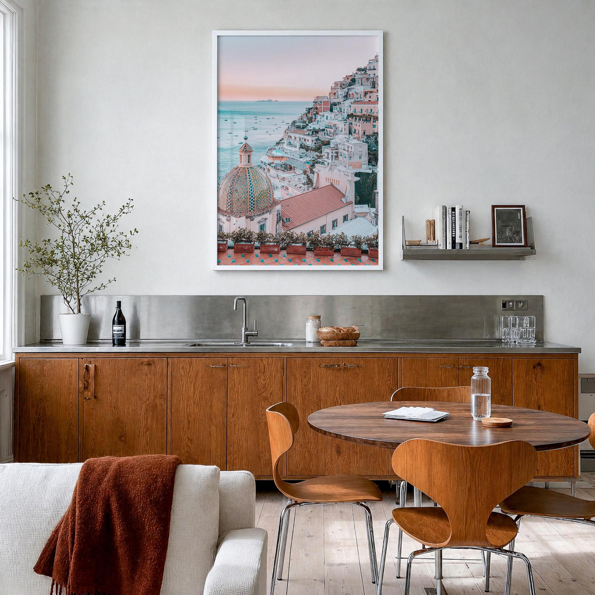 Positano no. 1 colorful photo poster of Italy – vertical wall art in white wood frame, hanging on wall