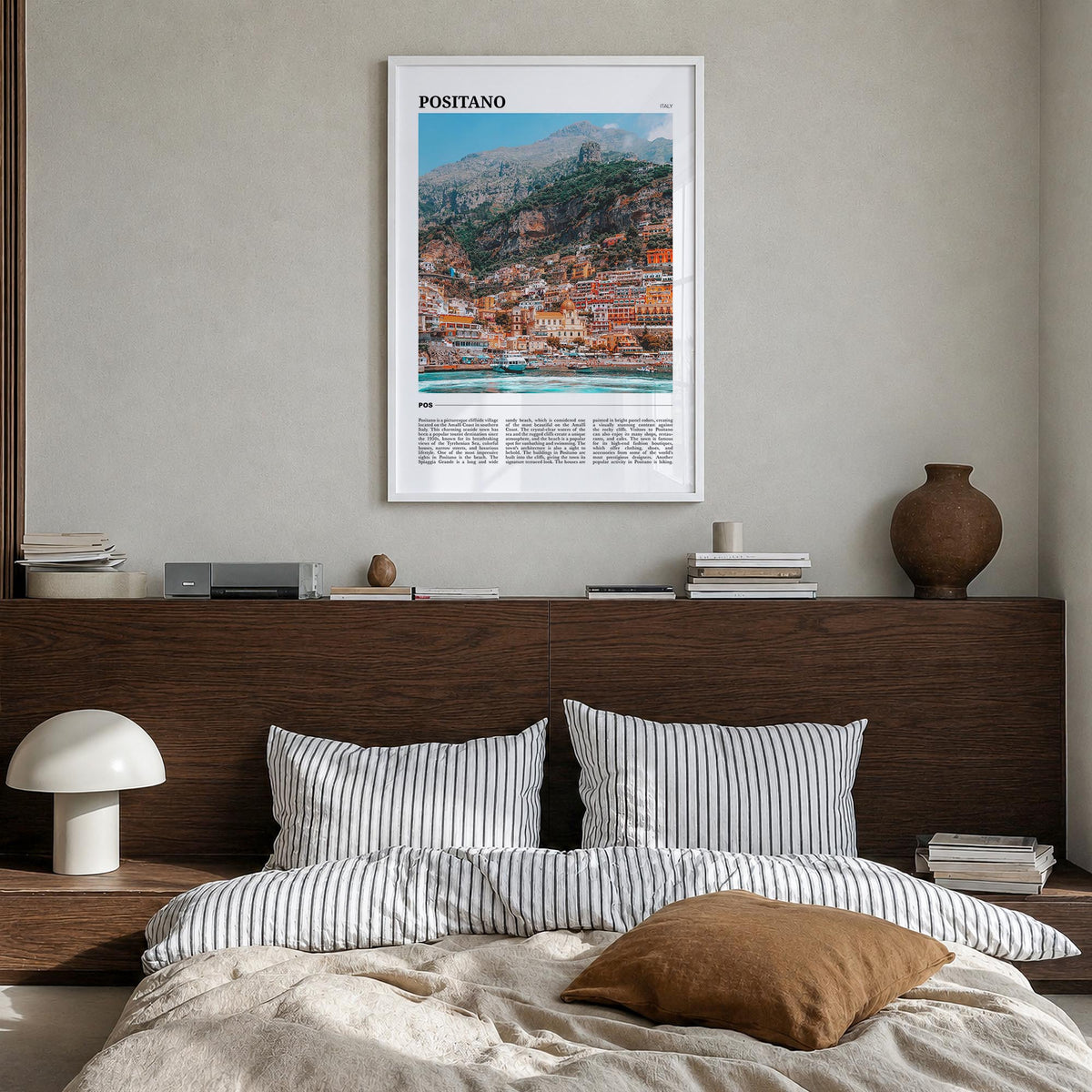 Positano no. 1 colorful travel poster of Italy – vertical wall art in white wood frame, hanging on wall