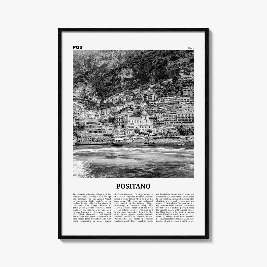 Positano no. 2 black & white newspaper poster of Italy – vertical wall art, unframed print shown in interior mockup