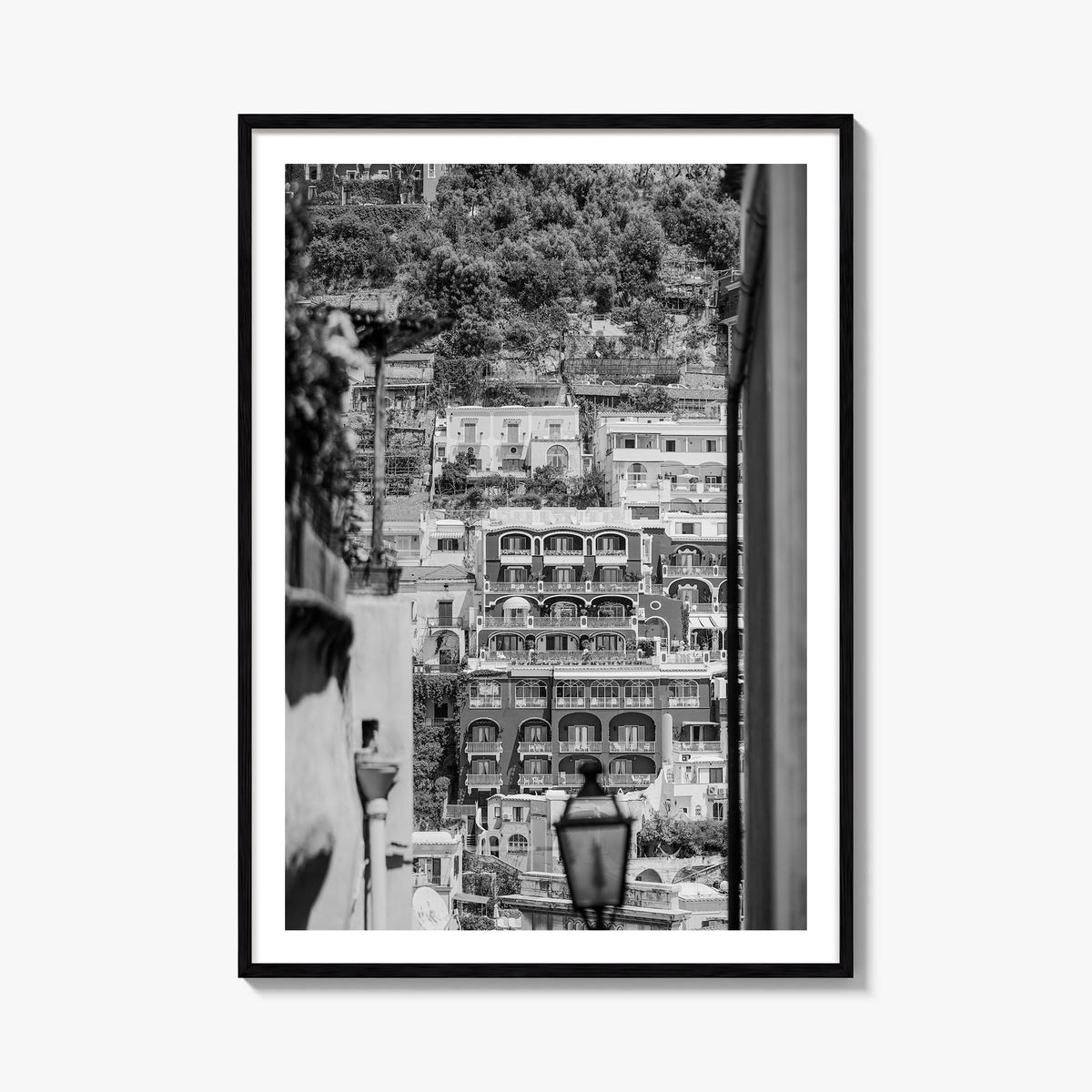 Positano no. 2 black & white photo poster of Italy – vertical wall art, unframed print shown in interior mockup