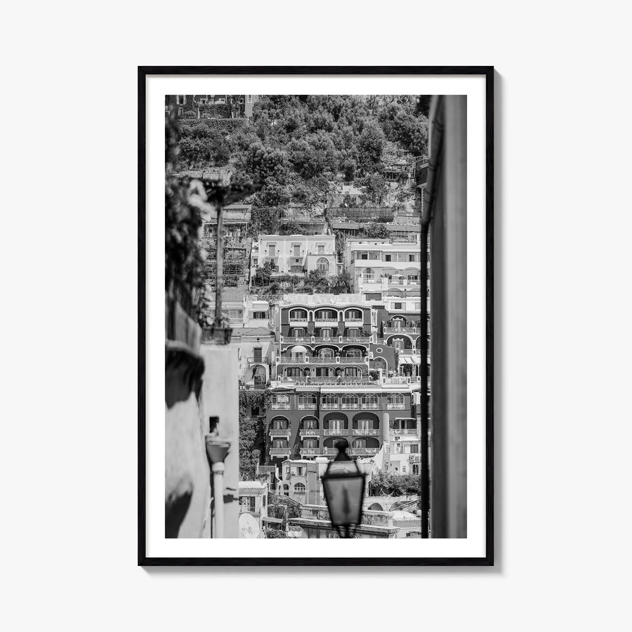 Positano no. 2 black & white photo poster of Italy – vertical wall art, unframed print shown in interior mockup