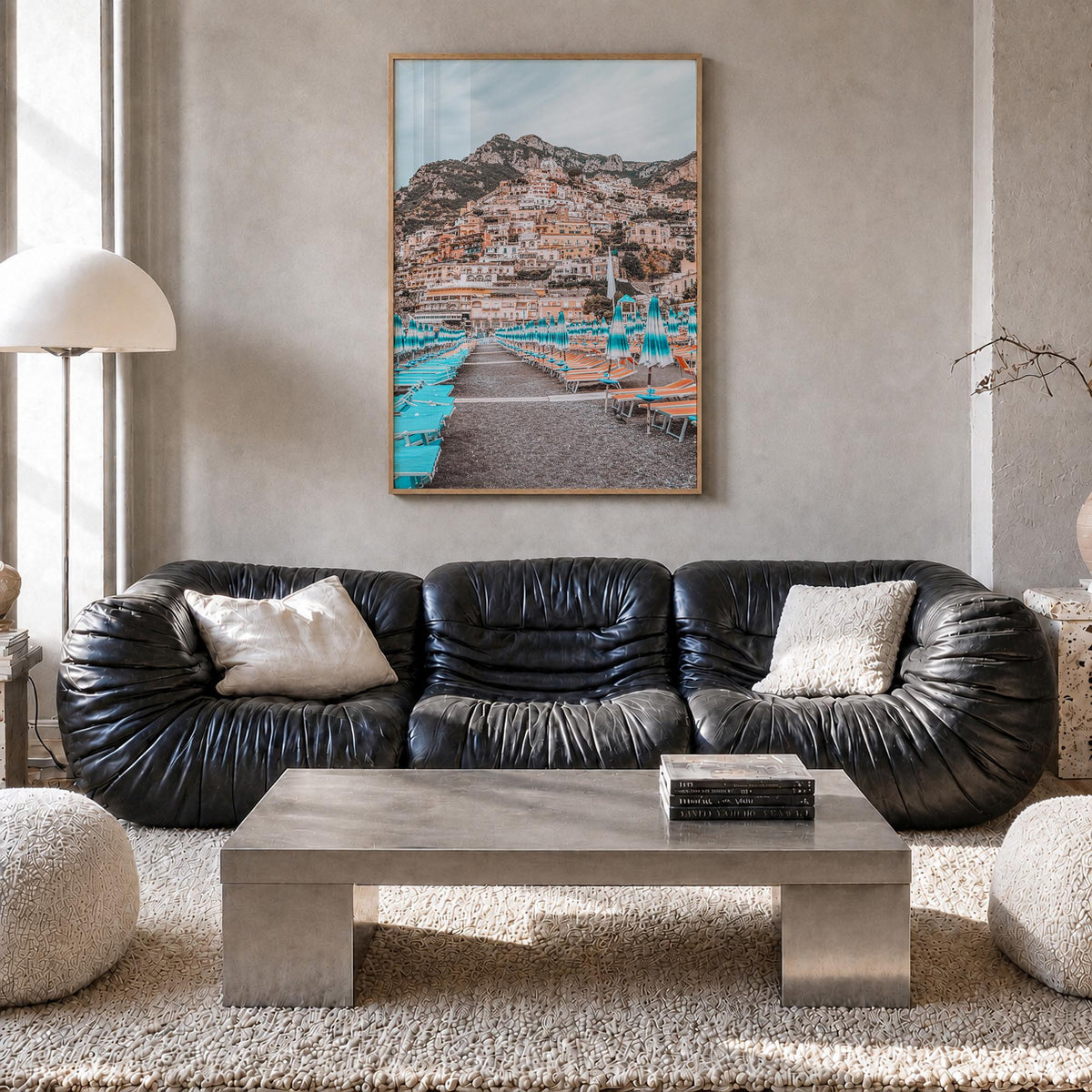 Positano no. 2 colorful photo poster of Italy – vertical wall art in natural wood frame, hanging on wall