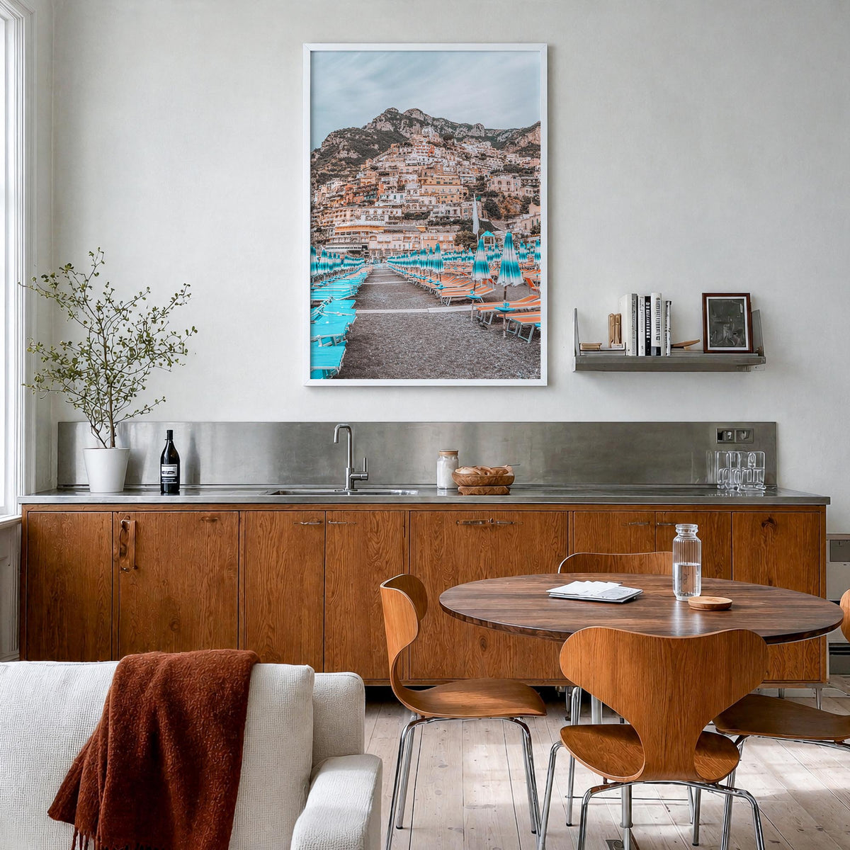 Positano no. 2 colorful photo poster of Italy – vertical wall art in white wood frame, hanging on wall
