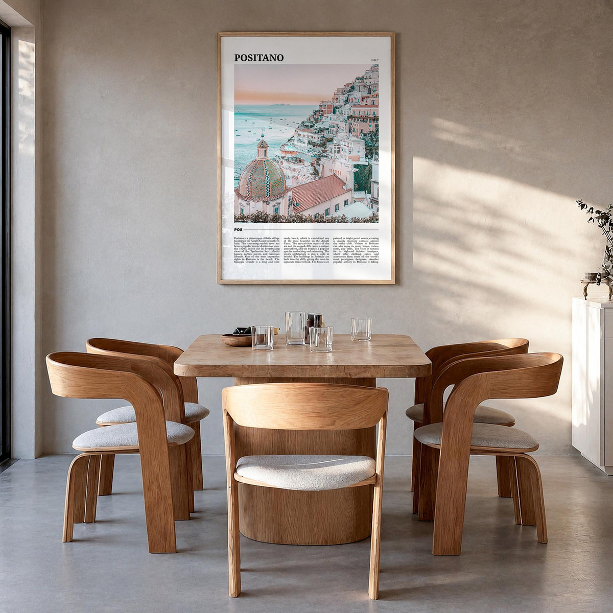 Positano no. 2 colorful travel poster of Italy – vertical wall art in natural wood frame, hanging on wall