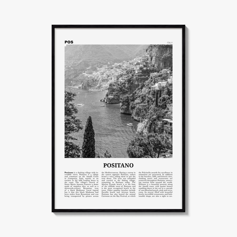 Positano no. 3 black & white newspaper poster of Italy – vertical wall art, unframed print shown in interior mockup