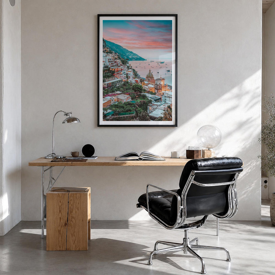 Positano no. 4 colorful photo poster of Italy – vertical wall art in black wood frame with white border, hanging on wall
