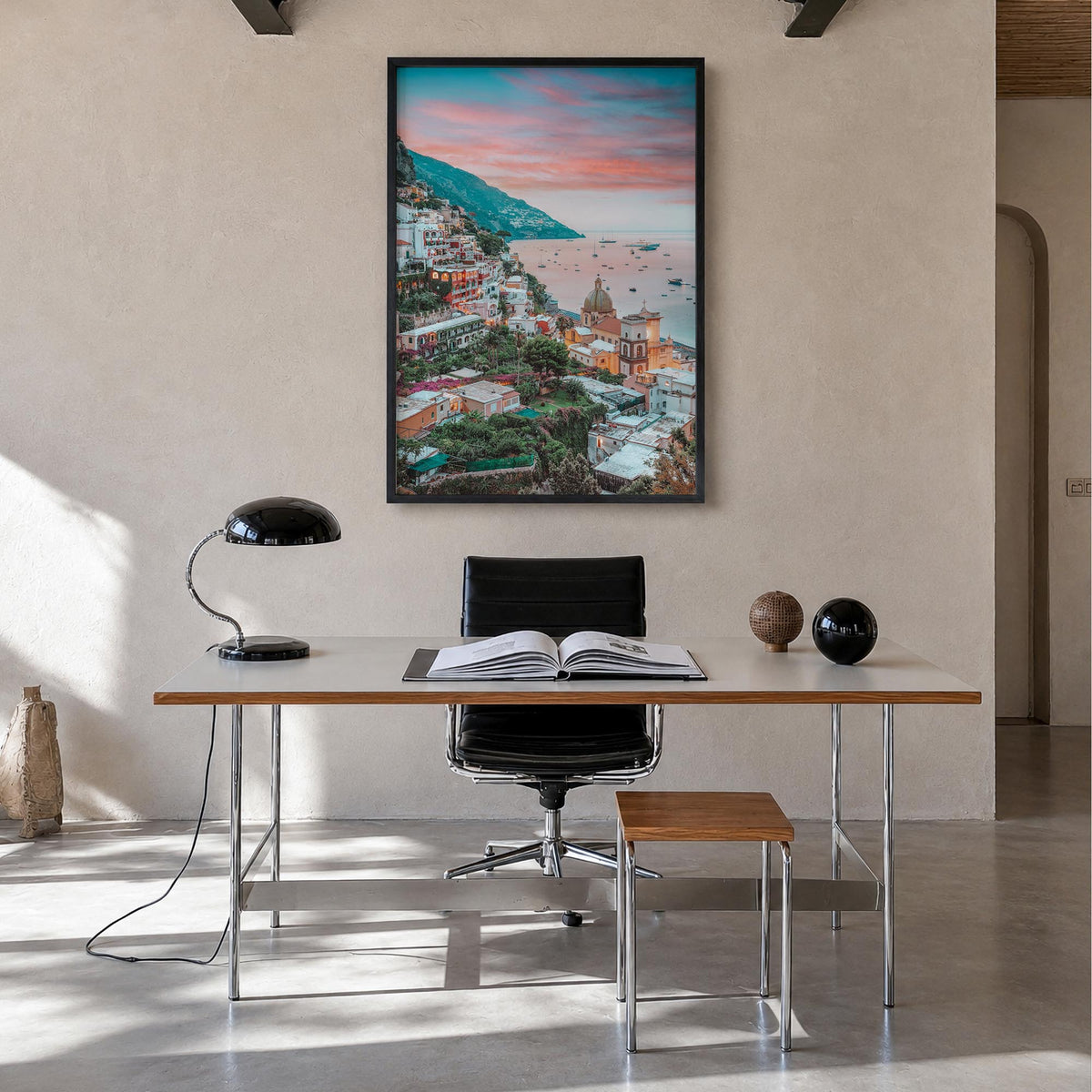 Positano no. 4 colorful photo poster of Italy – vertical wall art in black wood frame, hanging on wall