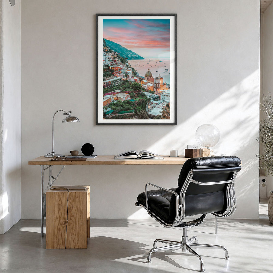 Positano Photo No 4 Poster in a black wood frame, hanging in a bright home office, white border