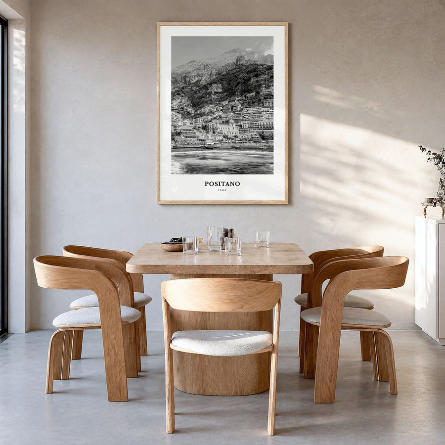 Positano Classic No 2 Poster in a natural wood frame, hanging in a dining room
