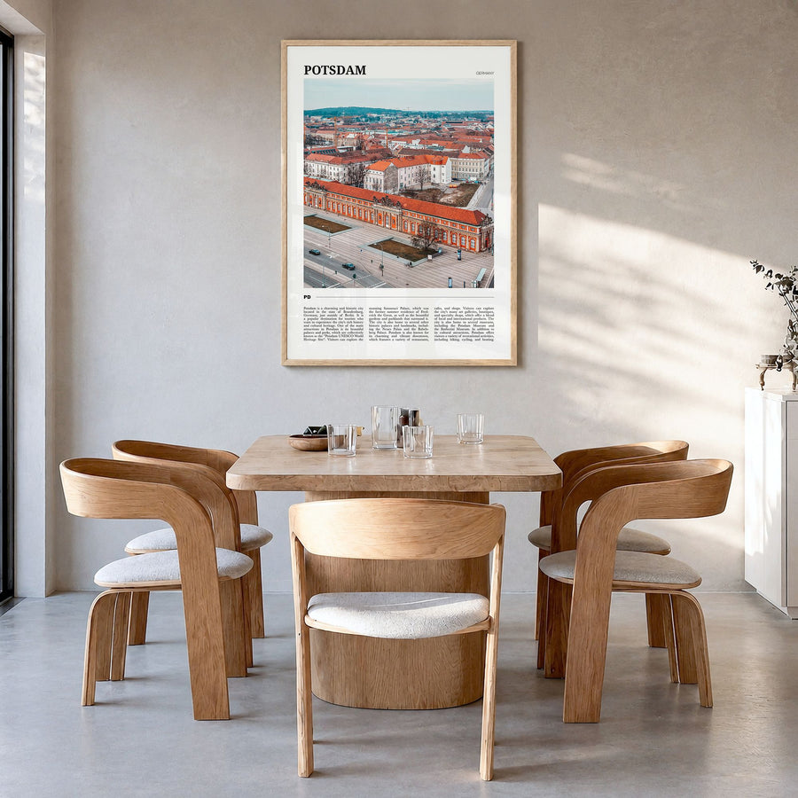 Potsdam Travel Poster in a natural wood frame, hanging in a dining room