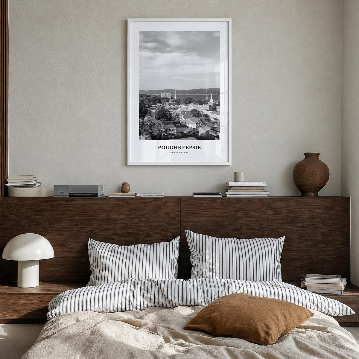 Poughkeepsie black & white classic poster of New York, USA – vertical wall art in white wood frame, hanging on wall