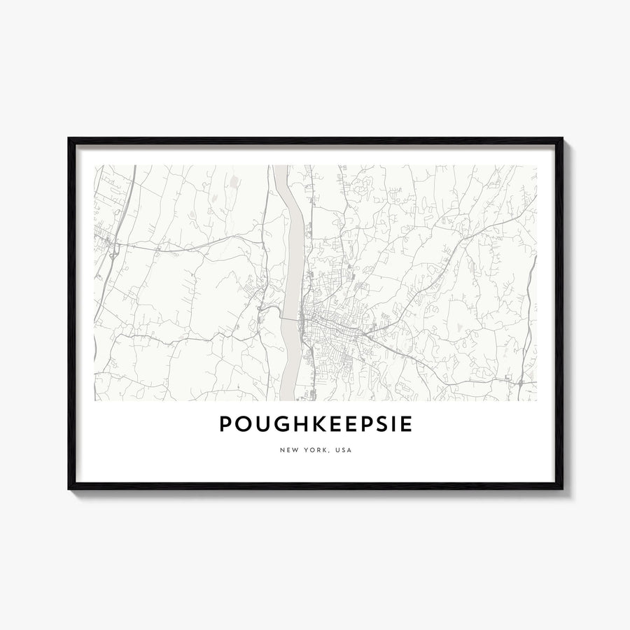 Poughkeepsie black & white map poster of New York, USA – horizontal wall art, unframed print shown in interior mockup